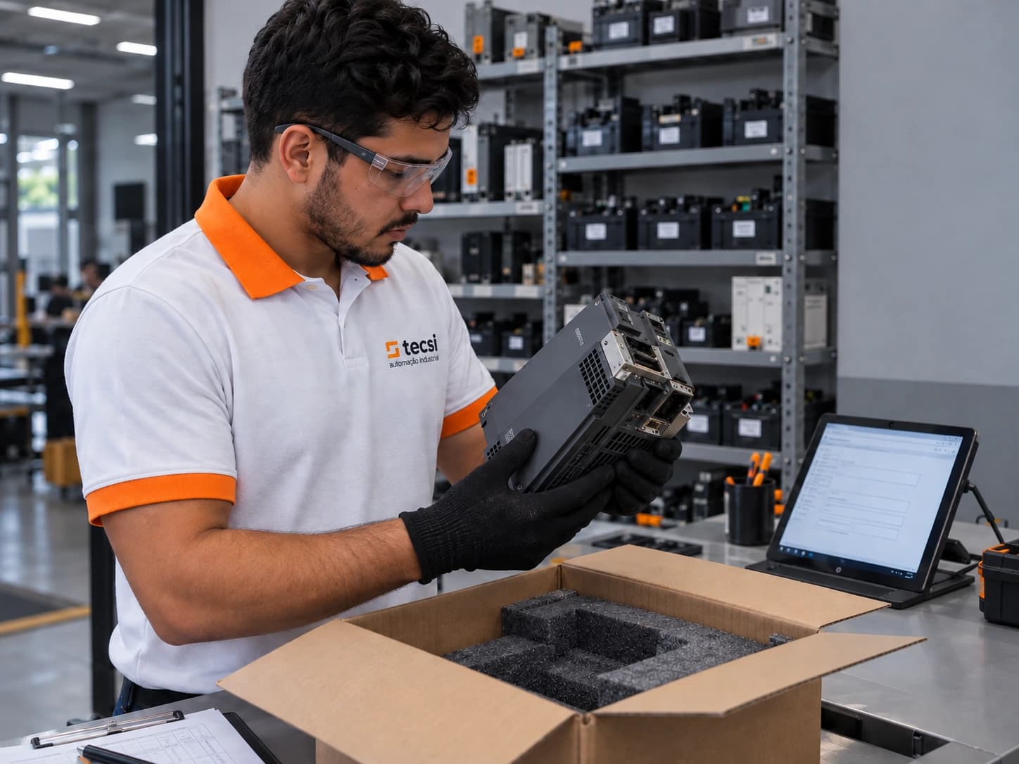 A TECSI technician receiving and logging an industrial unit at the laboratory intake desk