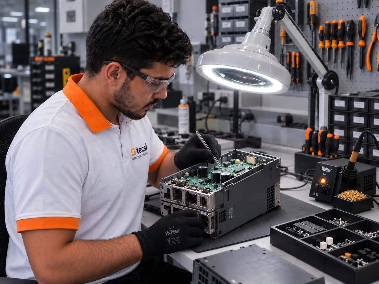A TECSI technician working on a servo drive board at the repair bench
