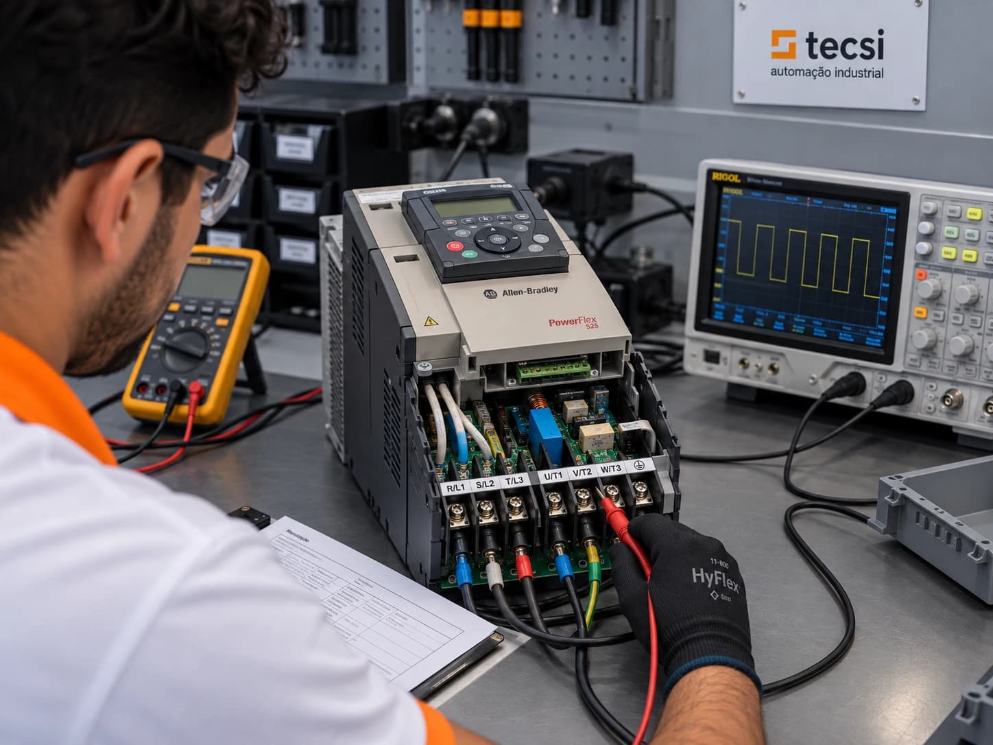 Repaired equipment on the test bench with measurement instruments connected