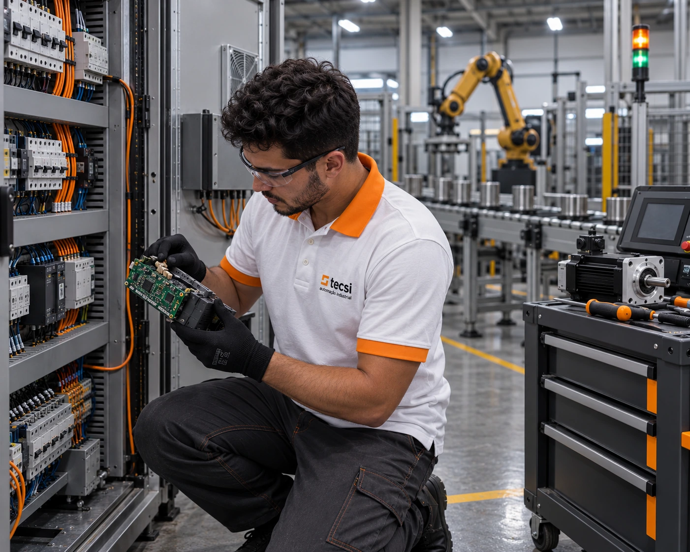 TECSI technician on a client's factory floor, equipment in hand and the production line back in operation
