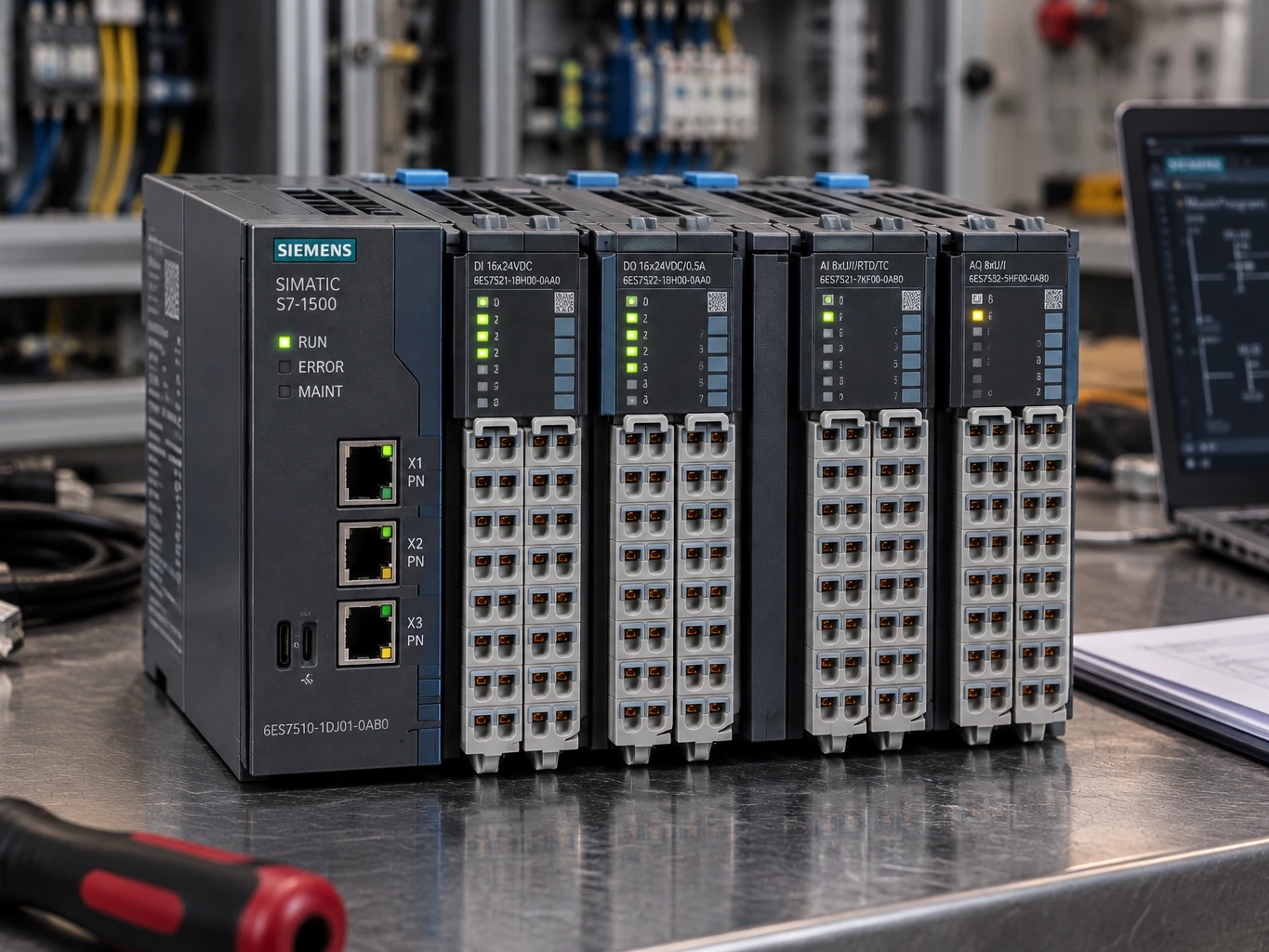 Técnico encaixando módulos de I/O no rack aberto de um CLP, na bancada do laboratório da TECSI, com multímetro e osciloscópio ao lado
