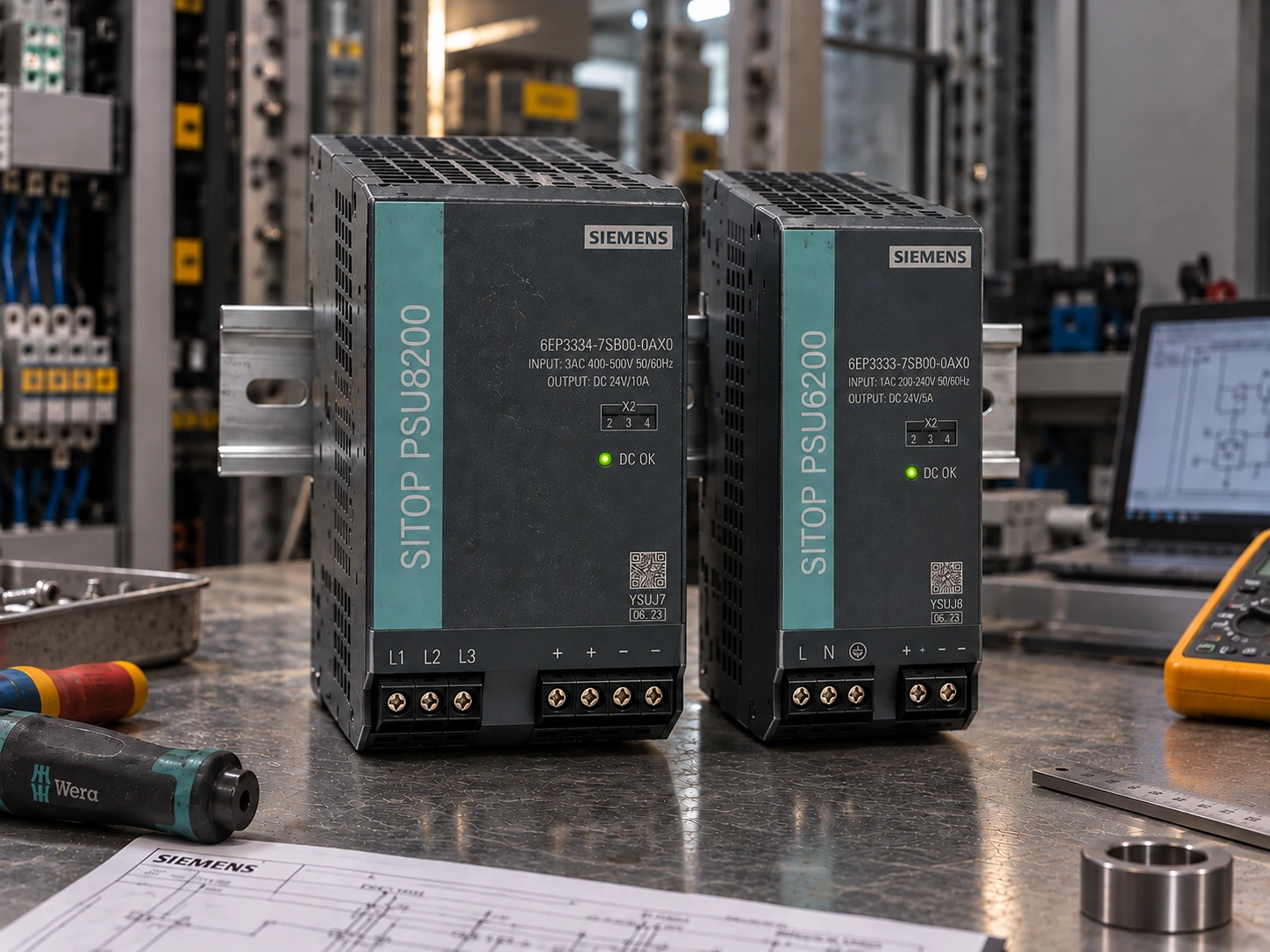 Fuente de alimentación industrial en riel DIN, equipo atendido en el laboratorio de TECSI