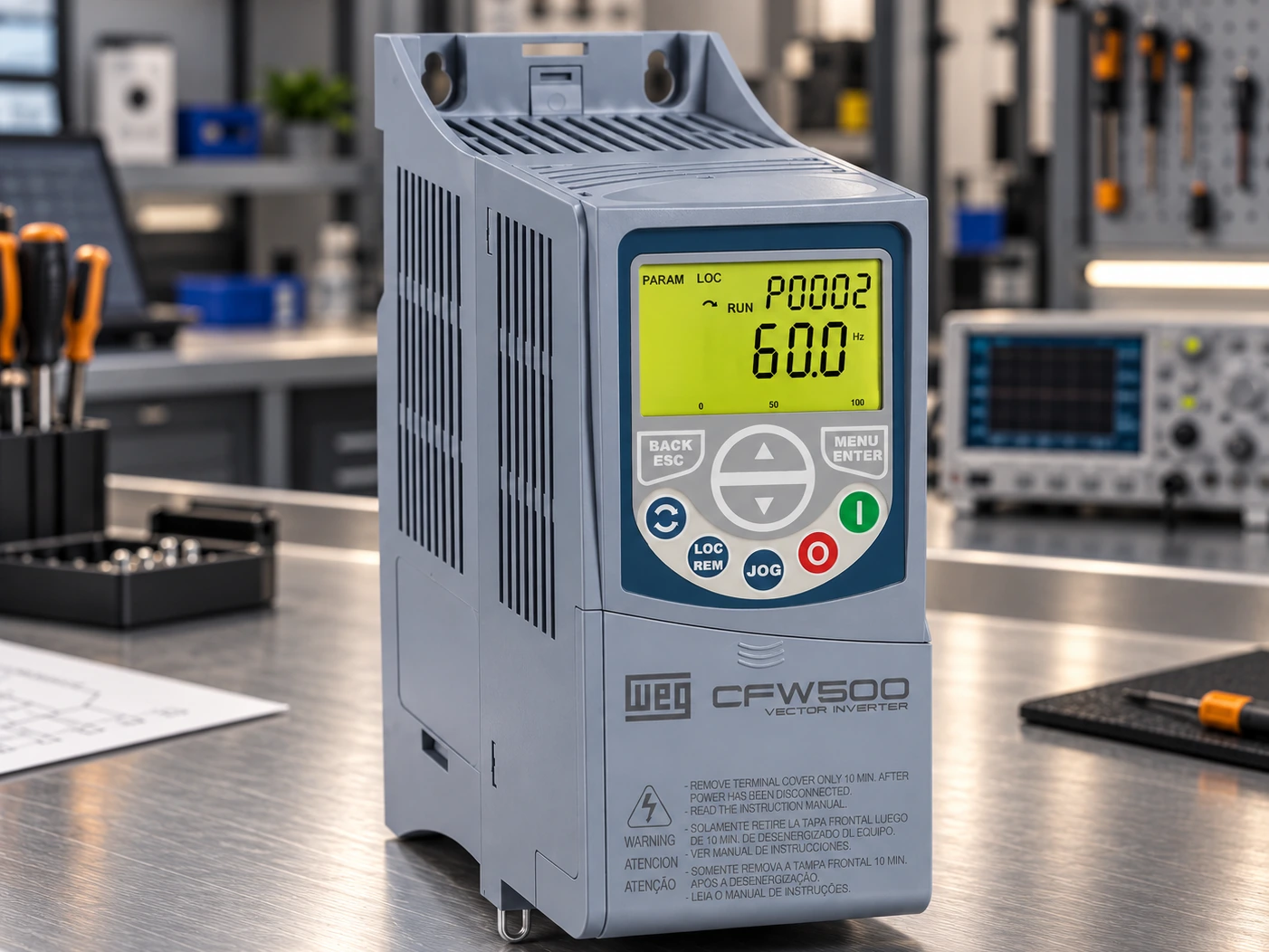 Inversor de frequência industrial, equipamento atendido no laboratório da TECSI