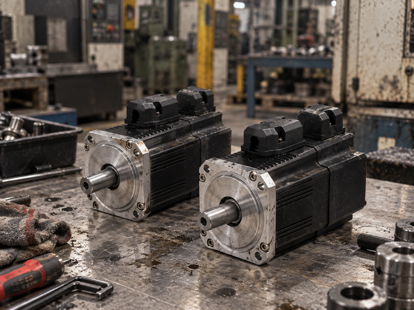 Servomotor industrial com encoder e flange, equipamento atendido no laboratório da TECSI