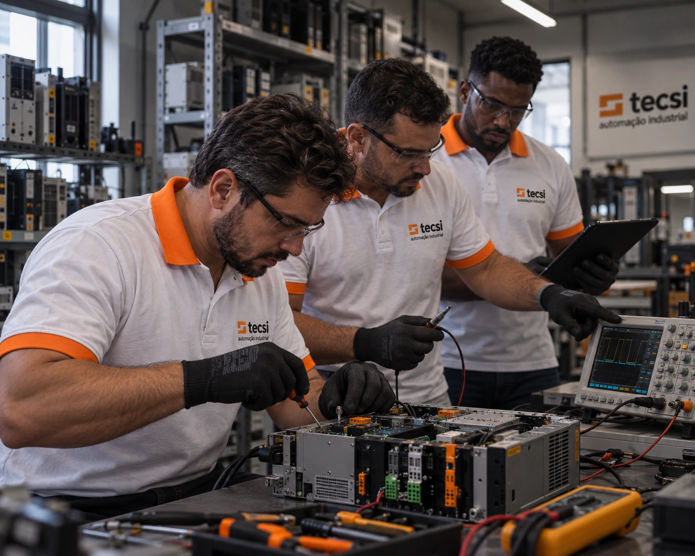 Bancos del laboratorio de TECSI en São Bernardo do Campo, con técnicos reparando equipos de automatización